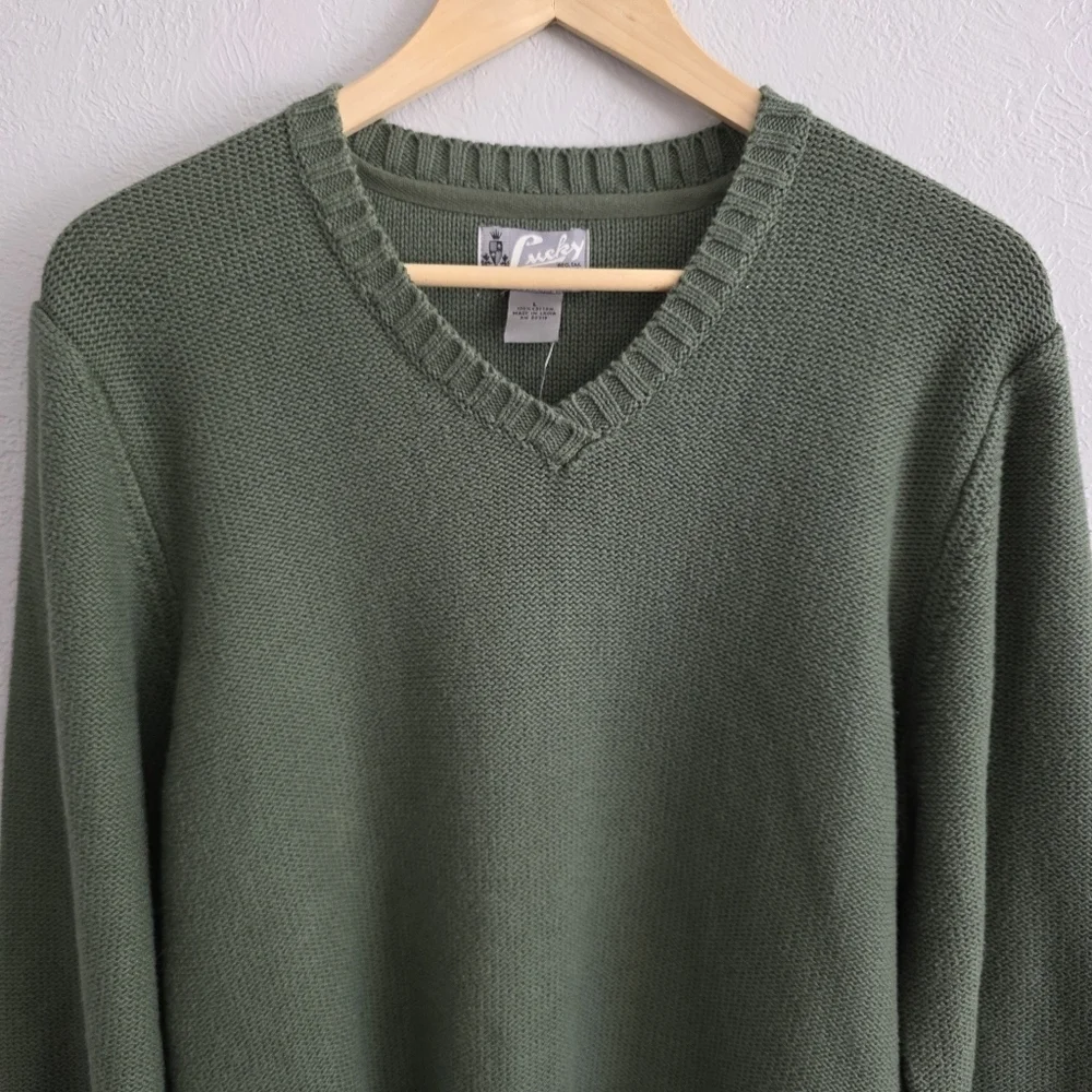 Lucky Brand Mens V Neck Green Cotton Knit Long Sleeve Preppy Sweater Sz LG NEW